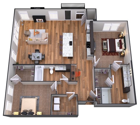 Floor plan for 2 beds, 2 baths, 1276 sqft